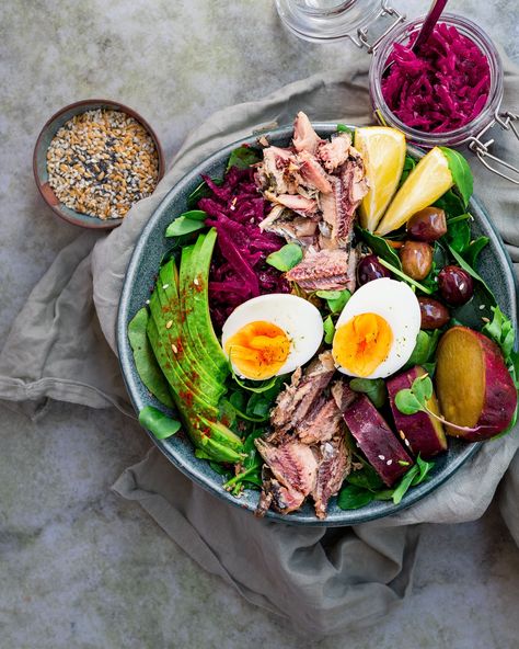 Here is a simple, delicious, and nourishing salad bowl. This meal is packed with all important nutrients. It contains omega-3 fatty acids from the sardines, potassium, fiber and healthy fats from the Avocado, complex carbohydrates from the sweet potato, probiotic from the pickled cabbage, vitamins and minerals from the leafy greens and extra protein from the eggs. If you would like to see more meal ideas, please comment below. Follow @bhealthyeatwhole for autoimmune disease management ... Pickled Cabbage, Extra Protein, Complex Carbohydrates, Omega 3 Fatty Acids, Leafy Greens, Autoimmune Disease, Salad Bowl, Salad Bowls, Omega 3