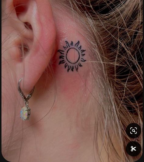 Rainbow Tattoo Behind Ear, Behind The Ear Sun Tattoo, Sun Behind Ear Tattoo, Sun Tattoo Behind Ear, Tragus Tattoo, Minimalistic Tattoo Ideas, Tattoo Behind Ear, Minimalistic Tattoo, Rainbow Tattoos