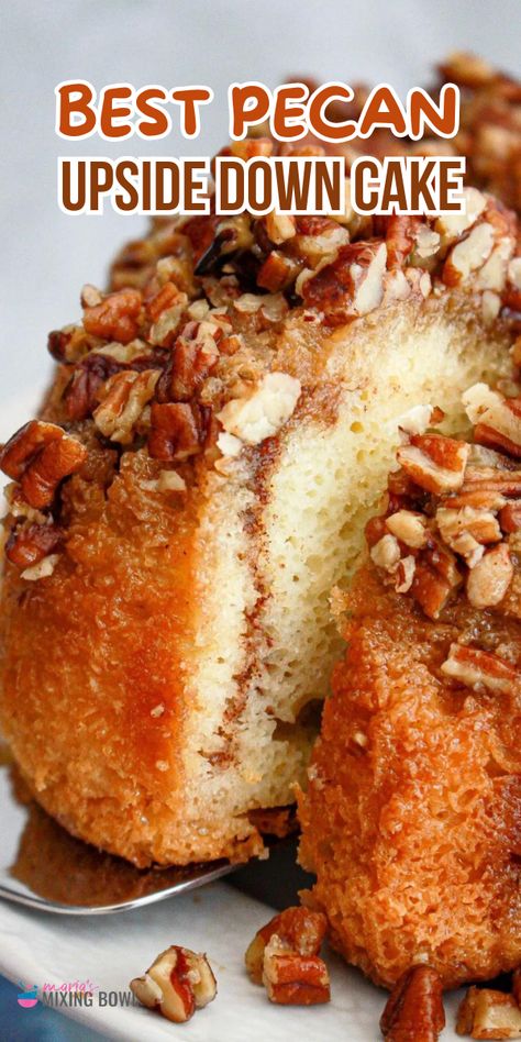 This Pecan Upside Down Cake is a classic dessert that never goes out of style. With its moist, buttery cake and gooey caramelized pecan topping, it’s the perfect dessert for any occasion. Pecan Upside Down Cake Recipe, Pecan Upside Down Bundt Cake, Best Bundt Cake, Moist Bundt Cake, Pecan Upside Down Cake, Bunt Cake Recipe, Pecan Pie Cake, Cake Bundt, Pecan Desserts