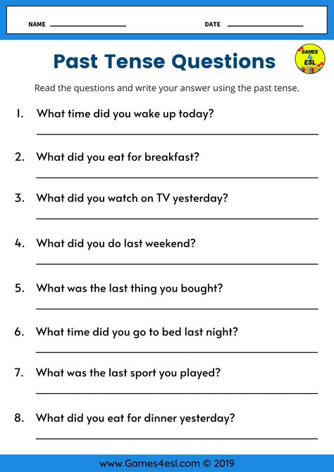 An ESL Worksheet to teach past tense verbs and expressions in English.   Students should read the past tense question and then write an answer using past tense verbs. Includes both regular and irregular past tense verbs. Esl Writing Activities Worksheets, Irregular Past Tense Verbs Worksheet, Past Simple Irregular Verbs Worksheets, Past Tense Activities, Past Tense Verbs Worksheets, Irregular Verbs Worksheet, Esl Worksheets For Beginners, Simple Past Tense Worksheet, Regular Past Tense Verbs