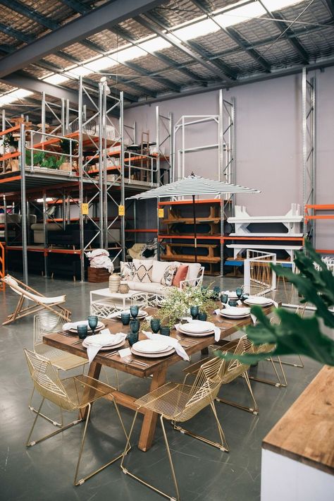 Prop Organization, Organic Table Setting, Warehouse Organization, Books Cafe, Bench Seat Dining, Showroom Ideas, Feasting Table, Warehouse Space, Wedding Reception Planning