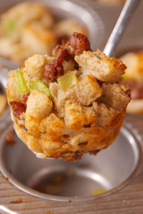 Stuffin' Muffins - I would use Pepperidge Farm stuffing mix. Holiday Cooking Thanksgiving, Holiday Bites, Stuffin Muffins, Thanksgiving For Two, Pepperidge Farm Stuffing, Stuffing Muffins, Traditional Thanksgiving, Thanksgiving Cooking, Muffin Tin Recipes