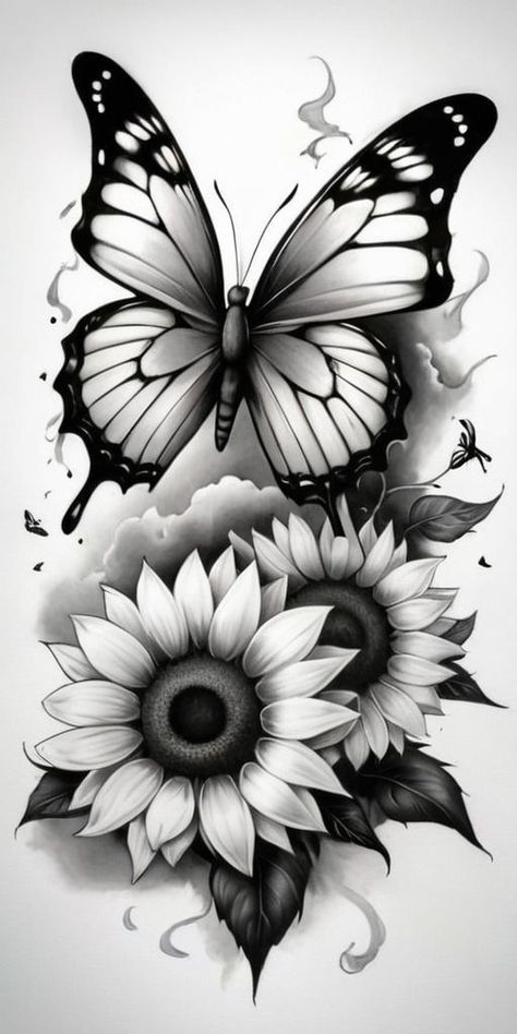 Sunflowers Tattoo Design, Moths Tattoo, Sunflowers Tattoo, Borboleta Tattoo, Sunflower Tattoo Sleeve, Flower Tattoo Drawings, Feather Tattoo Design, Mommy Tattoos, Floral Tattoo Design