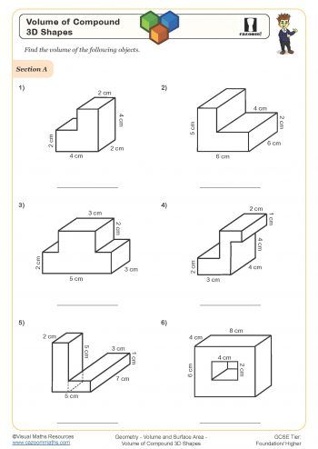 Volume of Compound 3D shapes Worksheet Volume Of 3d Shapes, Surface Area And Volume, Composite Shapes, 3d Shapes Worksheets, Volume Worksheets, Volume Math, Area Worksheets, Math Signs, Math Lab