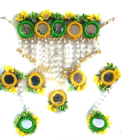 bridal jewelry online, artificial flower set, haldi mehendi wedding jewelry, handmade stuff, creative bridal jewelry, wedding gift item Jewellery Set For Bride, Mehandi Wedding, Bride Haldi, Haldi Jewellery, Flower Jewellery For Haldi, Flower Mirror, Fabric Jewellery, Multicolor Jewelry, Jewellery Set