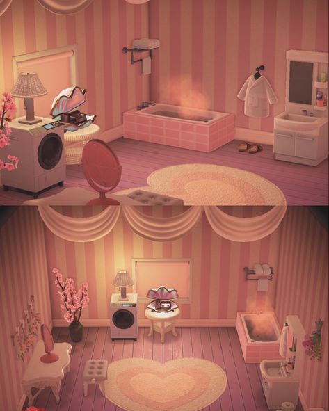 Acnh Cute Bathroom, Animal Crossing Kitchen Ideas Pink, Animal Crossing Pink Bathroom, Acnh Bathroom Ideas Pink, Acnh Pink Kitchen, Acnh Pink Bathroom, Acnh Mermaid Bathroom, Acnh Pink House, Acnh House Interior Ideas