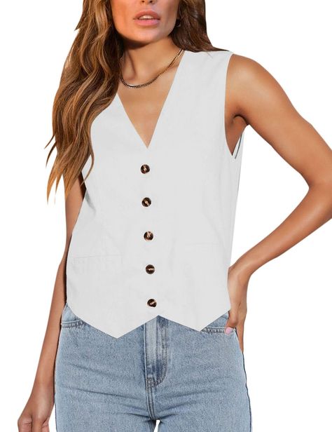 PRICES MAY VARY. Material: comfy and lightweight. No stretchy. womens waistcoat vest can be worn alone or as a layered jacket, it is great match with jeans. Occasion: stylish women button down sleeveless vest is a everyday top, suitable for spring, summer, fall, going out, office, vacation, shopping, party, casual wear. Features: soft fully lined, sleeveless, five button closures, v neck, pockets on both sides. Recommendation hand wash or machine wash with cold water. Do not bleach, hang or lay V Neck Vest, Womens Waistcoat, Business Jacket, Casual Vest, Sleeveless Jacket, Sleeveless Vest, Women's Coats, Womens Casual, Business Women