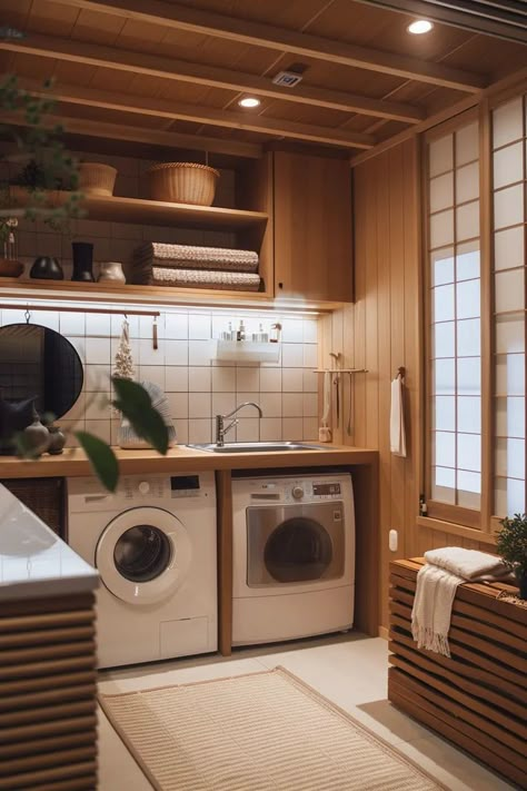 Compact Japandi laundry closet with pocket doors and built-in shelving Japan Scandinavian Interior, Japanese Small Apartment, Japandi House Design, Japan House Interior, Small Japanese Apartment, Japanese Scandinavian Interior, Cozy Scandinavian Interior, Japanese Apartment Interior, Japanese House Interior