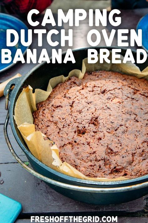 You have a mug of coffee, there's a campfire crackling - the only thing missing from your camping morning routine is this banana bread!    This easy Dutch oven banana bread will be a welcome addition to your camping breakfast menu! It's tender, perfectly sweet, and uses simple ingredients, so it's a snap to make. Dutch Oven Stove Top Bread Recipes, Dutch Oven Dessert Recipes, Camping Dutch Oven, Oven Desserts, Glamping Recipes, Dutch Oven Desserts, Creuset Recipes, Camp Meals, Dutch Oven Camping Recipes