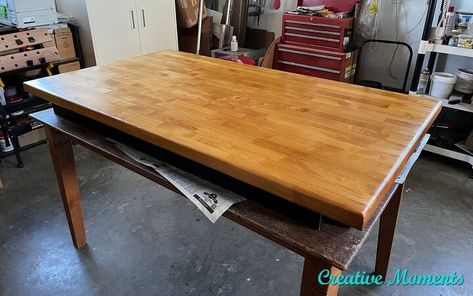 This butcher block dining table top was brought to me to refinish. The clients wanted just the top refinished as over the years it had become worn and tacky in places. The table top was hard to photograph well but as you may be able to see the one corner was worn most. The entire top was wearing and sticky in places.There are many videos and more details on the full tutorial post.AS well as many other dining table refinishes. I started with a thick coat of Dining Table Refinish, Block Dining Table, Butcher Block Dining Table, Diy Furniture Decor, Thick Coat, Dining Table Top, Butcher Block, Farmhouse Style, Painted Furniture