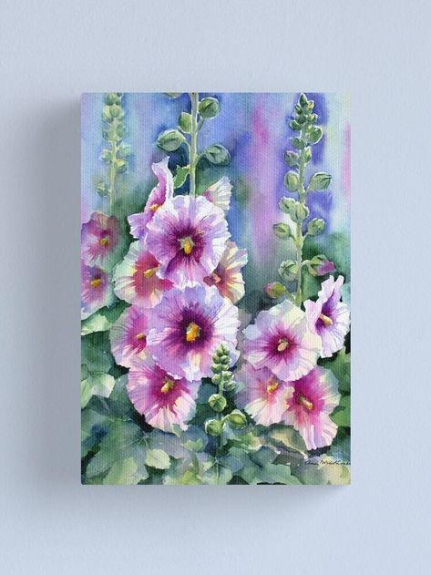 Hollyhocks Canvas Print by Ann Mortimer | Watercolor flower art, Flower art, Abstract flower painting Ann Mortimer, Cast Shadow, Modern Art Acrylic, Very Dark Green, Pressed Paper, Dark Green Background, Watercolor Flower Art, Abstract Flower Painting, Southwest Art