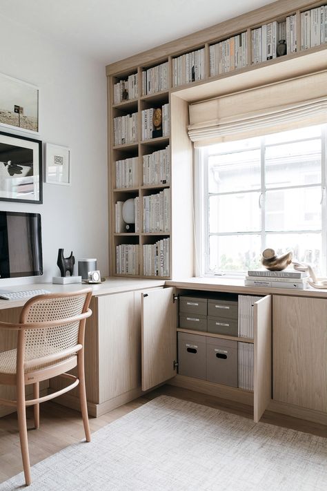 California Closets Built-In Bookshelves: Our Home Office Design - Anne Sage Built In Desk Next To Closet, Home Office Book Shelves, Home Office Minimalist Modern, Light Wood Home Office, Tranquil Home Office, Office Ideas Window, Light And Airy Home Office, Built In Workspace, Study Room Shelves