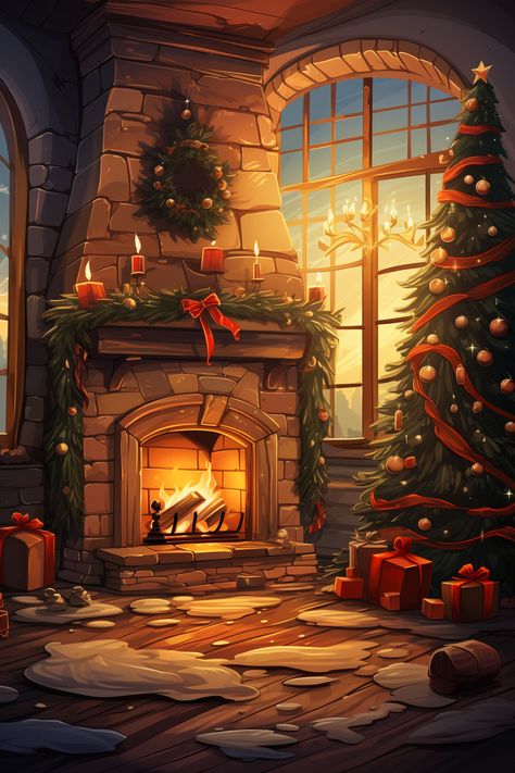 Christmas wallpaper with warm theme, featuring fireplace. follow 👉 @frequentart for more inspirations! Christmas Fireplace Illustration, Christmas Fireplace Wallpaper, Christmas Theme Wallpaper, Fireplace Illustration, Christmas Theme Background, Fireplace Winter, Fireplace Drawing, Winter Fireplace, Christmas Lights Wallpaper