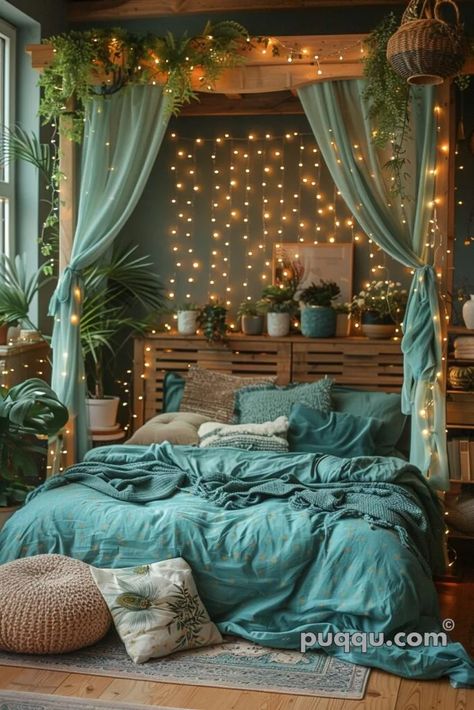 How To Create A Cozy Bedroom, Big Bedroom Ideas Dream Rooms, Teal Aesthetic Bedroom, Earth Bedroom Aesthetic, Jungle Bedroom Ideas For Adults, Teal Room Ideas, Fairy Bedroom Ideas For Adults, Bedroom Nook Ideas, Rainforest Bedroom