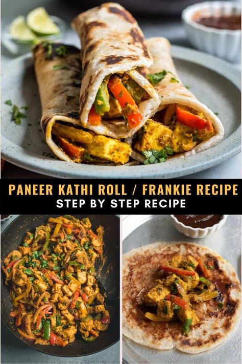 Take your meal prep to the next level with these paneer frankie rolls. Seasoned paneer, onions, peppers, and chutney wrap up in a warm paratha for a filling and flavorful lunch or dinner recipe. Ready in 30 minutes this kati roll recipe makes an excellent weeknight dinner that can also be wrapped up and taken to lunch. This homemade paneer kati roll is bursting with flavor and is the perfect vegetarian recipe for a quick snack or street-food inspired lunch. Kati Roll Recipe, Kathi Roll Vegetarian, Paratha Roll Recipe, Paneer Frankie, Paneer Wrap, Kati Roll, Paneer Kathi Roll, Homemade Paneer, Frankie Recipe