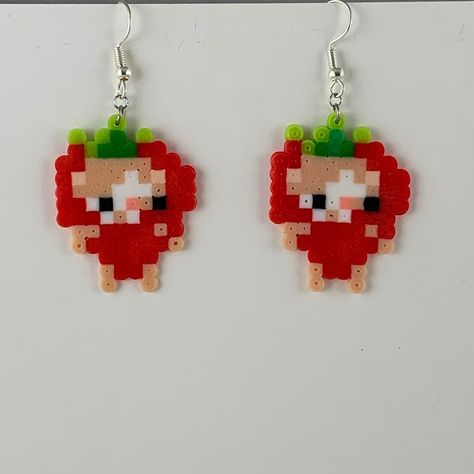 fwuit cat! on sterling silver plated earring hooks. Simple Melty Bead Patterns, Strawberry Fuse Beads, Tiny Hama Bead Designs, Ferret Perler Bead Patterns, Batman Pearl Beads, Lps Perler Beads, Beads Perler Ideas, Fuse Beads Designs, Pearler Bead Patterns Halloween