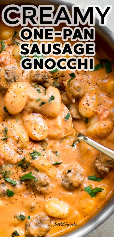 Creamy Gnocchi Pasta, Fall Dinner Recipes Gnocchi, Creamy Sausage Gnocchi Recipes, Sausage Gnocci Meals, Gnocchi In Crockpot, Garlic Sausage Dinners, Easy Dinner Italian Sausage, Creamy Tuscan Sausage Gnocchi, Creamy Sausage And Gnocchi Soup