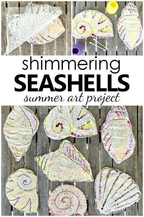 In this Shimmering Shell Craft Project kids will tap into the senses as they create Seashell Art. Great project for summer camps or summer fun at home. Seashell Collage Art, Beach Art Projects, Sea Collage, Ocean Art Projects, Ocean Ideas, Swim Camp, Sea Shell Art, Summer Art Projects, Ocean Unit