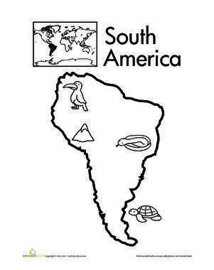 It's never too early to learn names and shapes of the seven continents. Give this South America coloring page to your child and let him color in the animals. South America Continent, Continents Activities, Columbia South America, Montessori Geography, Seven Continents, Geography For Kids, Geography Activities, South America Map, Continents And Oceans