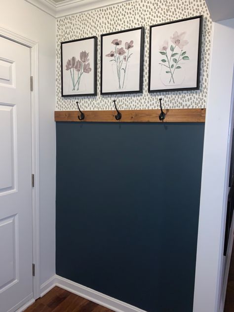 Blue Accent Wall Entryway, Entryway Ideas With Wallpaper, Small Entryway Accent Wall, Small Hallway Wall Ideas, Fake Grass Wall Decor Bedroom, What To Do With Empty Wall Space, Small Entry Way Ideas Behind Door, Hall Makeover Ideas, Fun Entryway Ideas