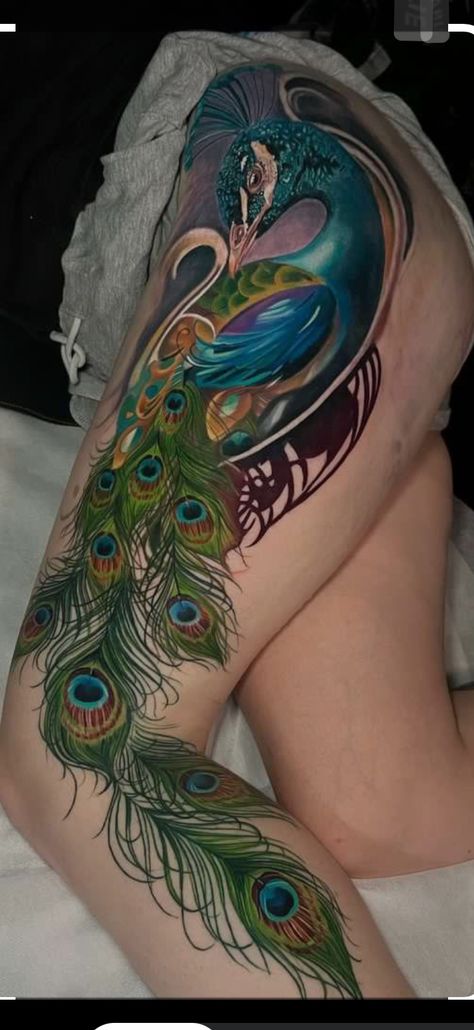 Peacock Thigh Tattoo For Women, Peacock Feather Tattoo Thigh, Peacock Feather Sleeve Tattoo, Peacock Tattoo On Leg, Feather Art Drawing, Peacock Tattoo Side Ribs, Peacock Feather Tattoo, Peacock Tattoo, Feather Tattoo