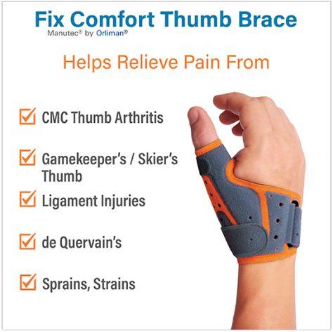 The Fix Comfort Thumb Brace is carefully crafted to provide a level of luxury and comfort that makes it the ideal thumb brace for a range of conditions. This firm support brace extends just below the wrist to the end joint of the thumb, to rest and reduce pain from Thumb Arthritis, Gamekeepers or Skier’s Thumb and overuse injuries. Thumb Pain Relief, Braces Colors Ideas, Hand Therapy Exercises, Thumb Brace, Finger Injury, Thumb Splint, Health Aesthetic, Hip Pain Relief, Ligament Injury