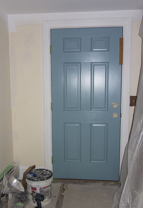 Jamestown Blue front door will look great with the Rich Cream paint color (to come) of the foyer. Hunter Kay, Inc. - wow, can they paint! Billy and Matt Clifford Jamestown Blue Benjamin Moore, Benjamin Moore Jamestown Blue, Exterior House Options, Blue Benjamin Moore, Paint Combos, Benjamin Moore Exterior, Cream Paint Colors, Blue Front Door, Door Colors