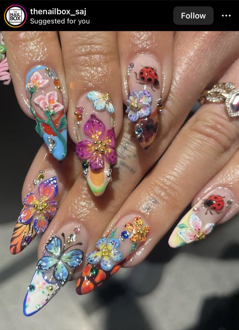 Gel X Flower Nails, Fairy Garden Nails, Fairy Nails Designs, Fairy Inspired Nails, 2k Nails, Fairy Nails, Garden Nails, Overlay Nails, August Nails