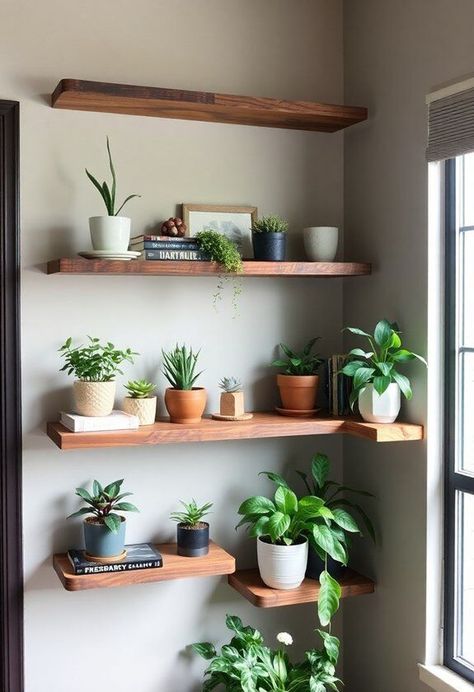 Maximize small spaces with stylish corner shelves. By utilizing often-overlooked corners, you can create practical storage solutions that enhance your decor. Consider options like floating shelves, ladder-style designs, or repurposed wood units to add character and functionality. Discover how these designs can transform your space even further. Wooden Shelves Bedroom, Floating Shelves For Plants, Plant Shelves Bedroom, Built In Corner Shelves, Wood Open Shelves, Creative Shelving Ideas, Plants Shelf, Reclaimed Wood Bookcase, Bathroom Shelves Over Toilet