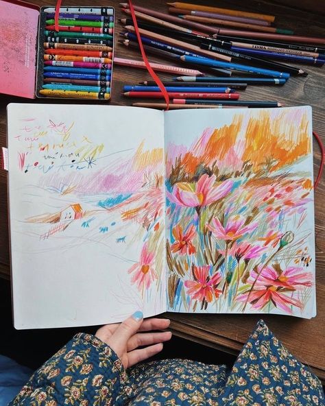 Colour Pencil Art, Sketch Colour, Color Pencil Sketch, Color Pencil Illustration, Summer Field, Sketchbook Inspo, Colour Pencil, Sketchbook Art Journal, Art Diary