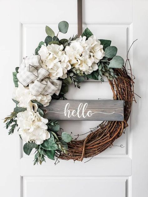 White Front Door Wreath, Front Door Baskets, Faux Hydrangea, Handmade Wood Signs, Country Wreaths, Summer Door Wreaths, Wreath Hanger, Door Wreaths Diy, Hydrangea Wreath