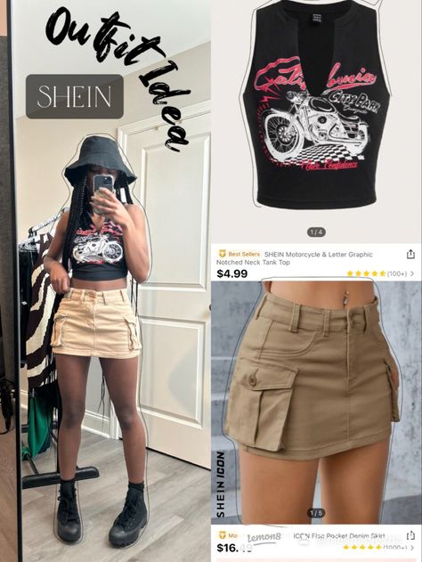 Tan Skirt Outfit Ideas, Khaki Mini Skirt Outfit Y2k, Shein Mini Skirt Outfit, Khaki Skirt Outfit Winter, Tan Denim Skirt Outfit, Shein Crop Top Outfit, Khaki Denim Skirt Outfit, Tan Skort Outfit, Short Denim Skirt Outfits Aesthetic