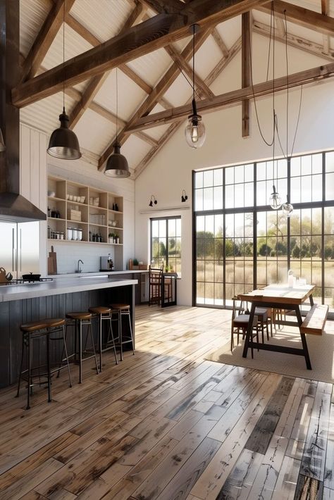 Barndominium Loft Over Kitchen, Barndominium Windows, Loft Over Kitchen, Barndo Kitchen, Converted Barn Homes, Barndo Plans, Upstate House, Barn House Kits, Metal Barn Homes