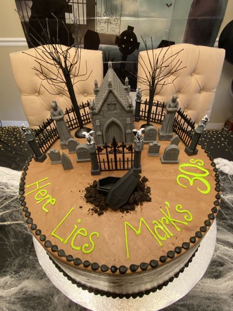 I wanted to make my husband’s 40th B-day extra special (plus he’s a published horror writer!), so I found various items on Amazon and placed them on this cake from a local bakery. 🎃💀🎂🎊🖤🩶👍 Added some oreo cookie crumble around the coffin, for “soil”. Cookie Crumble, Local Bakery, Oreo Cookie, Gorgeous Cakes, B Day, Oreo Cookies, My Husband, Oreo, Soil