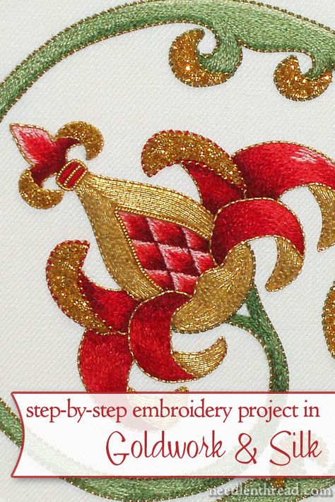 Step-by-Step embroidery project in goldwork & silk for a stylized "pomegranate" design (also often referred to as an artichoke design). This series of articles offers a ton of tips and instruction for goldwork embroidery and silk shading. Goldwork Embroidery, Jacobean Embroidery, Gold Work Embroidery, Crewel Embroidery Kits, Tambour Embroidery, Crazy Quilting, Creative Embroidery, Sewing Embroidery, Sewing Embroidery Designs