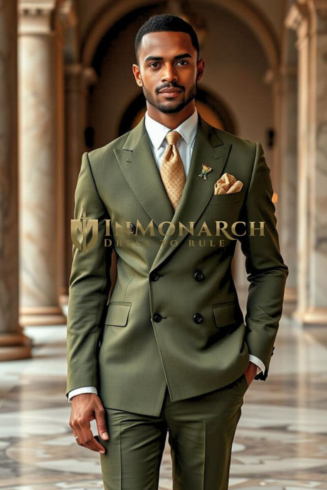 A sharp olive green double-breasted suit, stylish and fit for all occasion Stylish Suit, Fitted Suit, Formal Suits, Double Breasted Suit, 21 Days, Wedding Suits, Pocket Square, White Shirt, Mens Suits