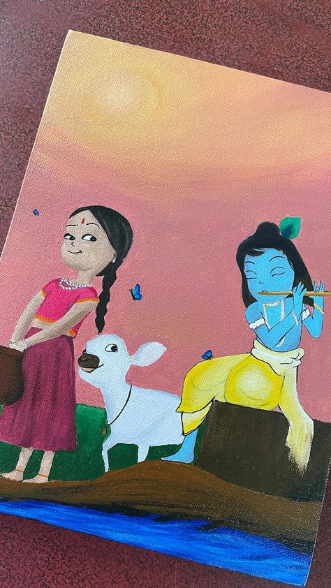 Radha Painting Easy, Hindu Art Paintings, God Painting Ideas, Drawing On Canvas Ideas, Aesthetic Cartoon Painting Easy, Lets Pack An Order, Holi Drawing Ideas, Drawing Ideas Mandala, Girly Paintings