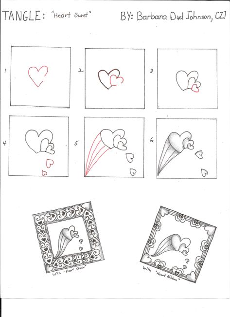 Drawing Inspo For Beginners, Heart Tangle Patterns, Love Zentangle, Heart Tangles, Zentangle Hearts Patterns, Valentine Zentangles Ideas, Zentangle Hearts Step By Step, Easy Patterns To Draw, Easy Zentangle Patterns