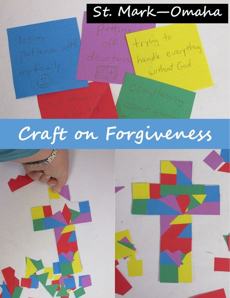 Sunday school craft - We used this craft during the story of Stephen to talk about forgiveness. Examples of sins are written on colored pieces of paper and then are cut up. Using a sticky back cross, the pieces are reassembled into a cross because Jesus takes all the things that we've broken to the cross with Him and we're made new creations through Him. When God looks at us He sees what His son did instead of all the things we've done. Forgiveness Sunday School Craft, Jesus Forgives Craft, Forgiveness Craft For Kids, Forgiveness Crafts Sunday School, Forgiveness Activities, Forgiveness Activity, Forgiveness Craft, Activities For Youth, About Me Worksheet