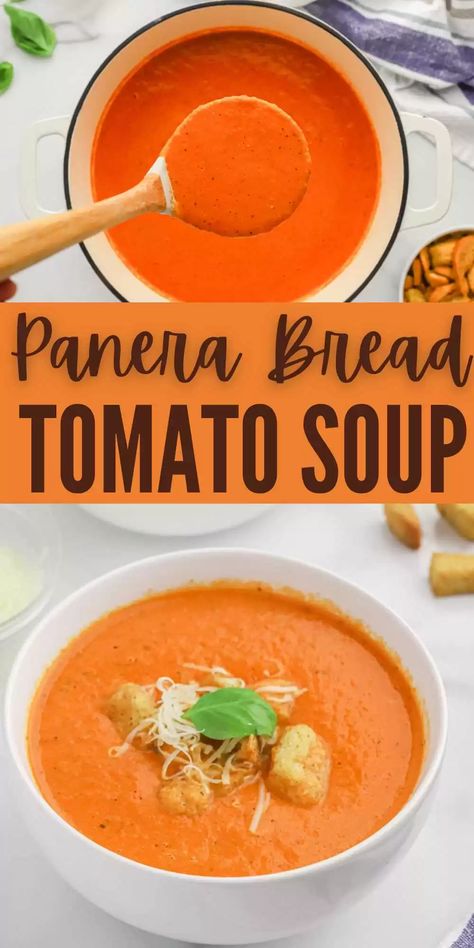 Panera Bread Tomato Soup Recipe - Eating on a Dime Panera Creamy Tomato Soup, Panera Copycat Soup, Copycat Panera Bread Recipes, Copycat Campbells Tomato Soup, Copycat Panera Tomato Soup, Panera Soup Recipes Copycat, Panera Tomato Soup Recipe Copycat, Panera Tomato Basil Soup, Panera Bread Tomato Soup Recipe