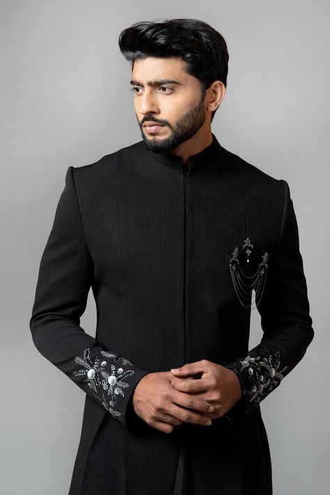 Buy Black Sherwani: Jacquard; Kurta: Silk; Trousers: Suiting And Set For Men by Paarsh Online at Aza Fashions. Indian Wedding Reception Outfits, Black Sherwani, Black Slim Fit Trousers, Mens Indian Wear, Wedding Dresses Men Indian, Gents Kurta Design, Gents Kurta, Wedding Dress Men, Dress Suits For Men