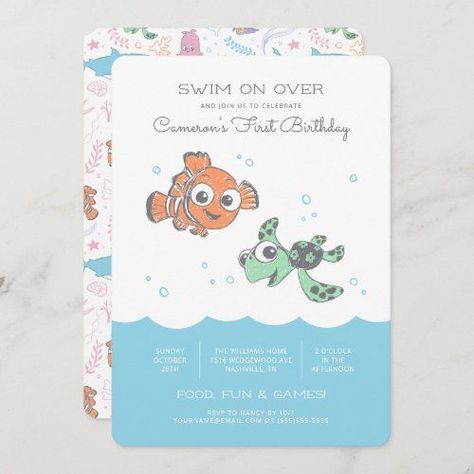 Nemo & Squirt First Birthday Invitation Only $3.3 | first birthday | finding nemo | nemo | turtle | swim party | nemo birthday | ocean | swim birthday | summer birthday | second birthday Finding Nemo Birthday Party Invitations, Nemo Birthday Party Invitations, First Birthday Nemo Theme, Nemo Second Birthday Party, Finding Nemo First Birthday Boy, Finding Nemo 1st Birthday Party Ideas, Nemo First Birthday Party, Nemo 2nd Birthday Party, Nemo 1st Birthday Party