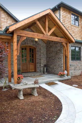 exposed beam entrance, craftsman Porch Cottage, Farmhouse Front Porch Decorating, Farmhouse Front Porch Decor, Front Porch Addition, Veranda Design, Porch Addition, Building A Porch, Cabin Exterior, Front Porch Design