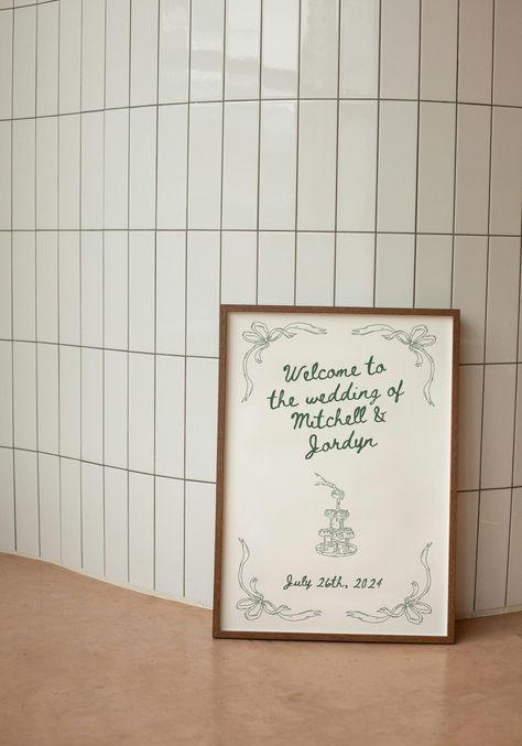 Welcome your guests in style with our beautifully crafted Wedding Welcome Sign Digital Template! This unique design features elegant hand-drawn artwork paired with a custom font, creating a timeless piece that perfectly complements any wedding theme. *Product Highlights:* Hand-Drawn Artwork: Every detail of this sign has been lovingly hand-drawn, giving it a personal and artisanal touch. Custom Font: The exclusive font used in this template adds a sophisticated and personalized feel to your wedd Hand Written Wedding Signs, Vintage Welcome Sign Wedding, Green Welcome Sign Wedding, Unique Wedding Signage, Welcome Sign Art, Hand Lettering Wedding, Reception Welcome Sign, Creative Wedding Sign, Welcome Sign Template