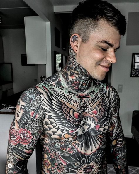 Traditional Torso Tattoo Men, American Traditional Stomach Tattoo Men, Traditional Full Body Tattoo, Front Piece Tattoo, Traditional Tattoo Torso, American Traditional Back Piece, Neo Traditional Chest Tattoo, Traditional Chest Tattoo, Trad Tattoos