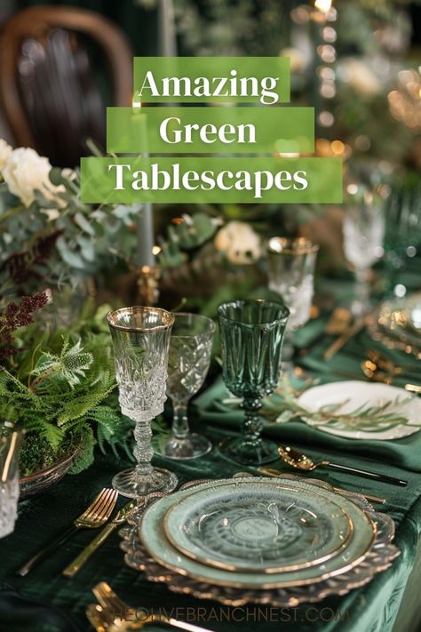 Explore the beauty of green table settings for your next dinner event. Our curated ideas blend shades like emerald, sage, and olive, bringing a touch of sophistication and tranquility to weddings or intimate gatherings. Discover how these dark, rich greens can transform your tablescape. Christmas Table Settings Green Tablecloth, Thanksgiving Green Table Setting, Green Table Settings Christmas, Mrs Alice Tablescape, Christmas Table Settings Green, Dinner Setting Ideas, Themed Tablescapes, Green Christmas Table, Green Table Settings