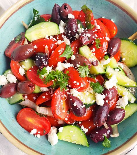 Cucumber, Tomato & Feta Salad with Balsamic Dressing Tomato Cucumber Feta Salad, Tomato And Feta Salad, Cucumber Tomato Feta Salad, Tomato Feta Salad, Cucumber Feta Salad, Salad Appetizer Cups, Salad With Balsamic Dressing, Tomato Salad Recipes, Resep Salad