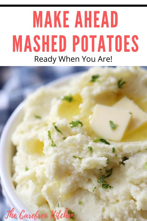 These simple Make-Ahead Mashed Potatoes are fluffy, buttery and can be made up to 3 days in advance. They make the perfect holiday side dish that can be easily reheated in a variety of different ways. #thecarefreekitchen #mashedpotatoes #potatoes #makeaheadrecipes #potatorecipes #makeaheadmashedpotatoes #sidedish Day Before Mashed Potatoes Recipe, Can I Make Mashed Potatoes Ahead Of Time, Made Ahead Mashed Potatoes, Mashed Potatoes Recipe 5 Lbs, Easy Make Ahead Mashed Potatoes, Pre Made Mashed Potatoes, How To Make Mashed Potatoes Ahead Of Time, How To Make Mashed Potatoes A Day Ahead, Premade Mashed Potato Recipes