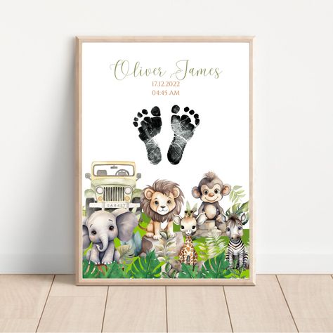 Create a beautiful keepsake for your little one's arrival with our Baby's Footprints Art in a Jungle Animals Printable Wall Art Theme. This beautiful keepsake not only captures their tiny footprints but also doubles as a unique baby name reveal, making it a cherished treasure to commemorate their first footprint forever. Footprint Animals For Infants, Footprint Jungle Animals, Jungle Animal Footprints, Newborn Footprint Art, Animals Footprints, Newborn Painting Art Foot Prints, Jungle Animals Printable, Newborn Footprints, Name Reveal