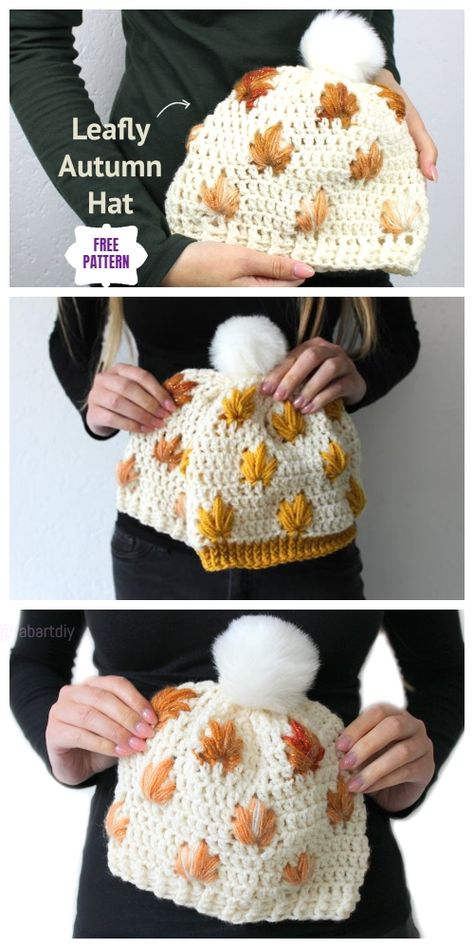 Crochet Leaf Stitch Beanie Hat Free Crochet Patterns - Video Crochet Beanie Hat Free Pattern, Baby Winter Hat, Crochet Pour Halloween, Autumn Hat, Beanie Hat Pattern, Fall Crochet Patterns, Confection Au Crochet, Crochet Hat Free, Bonnet Crochet